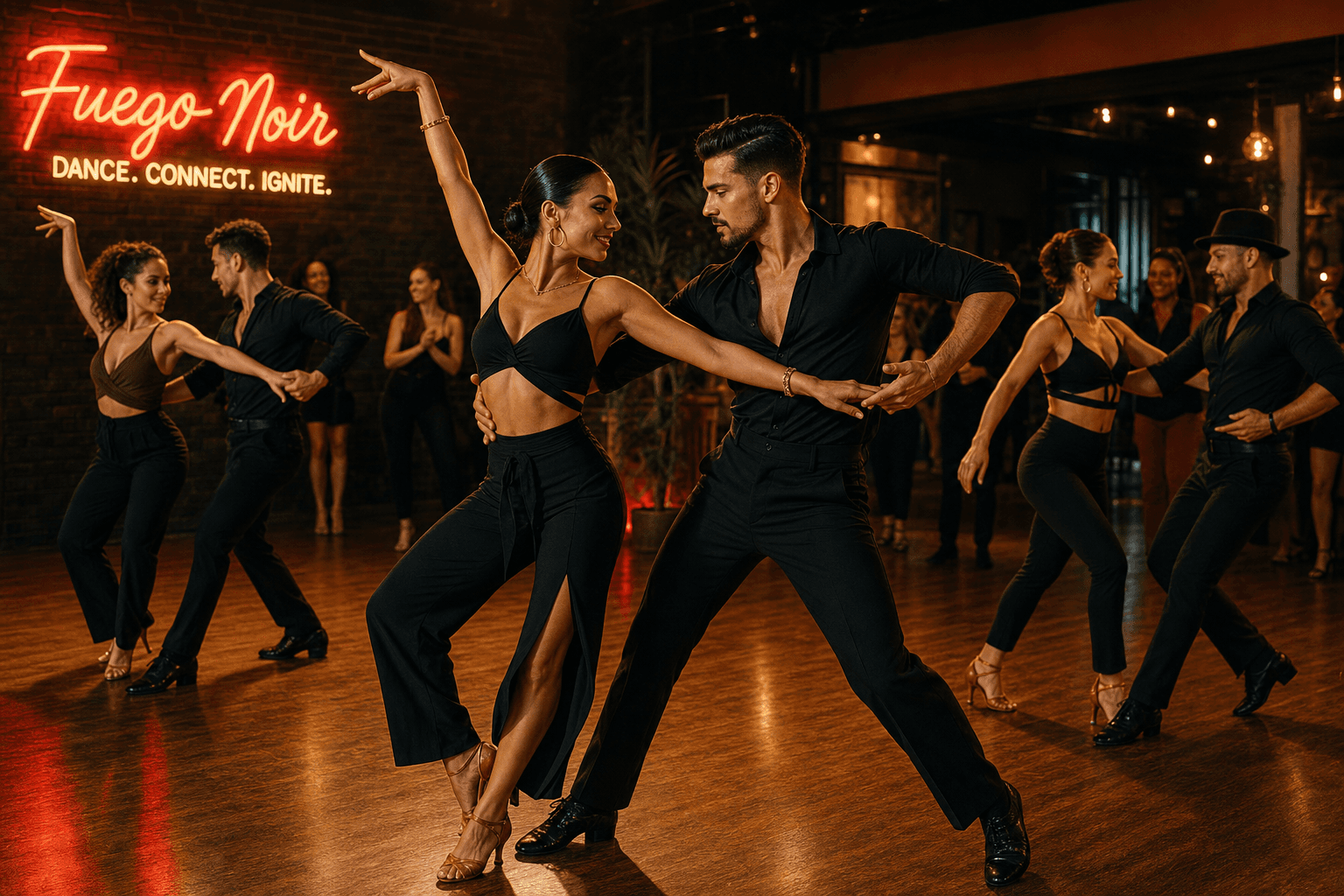 Latin dance scene with stylish dancers, vibrant and dynamic