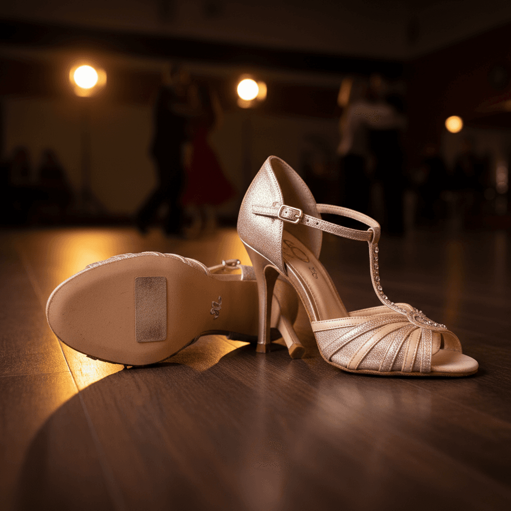 Leather-soled women's salsa shoes on a dance floor, one showing the sole, the other the design.