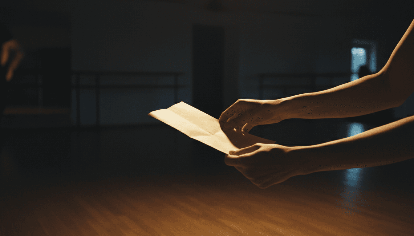 Hands holding a folded checklist paper against a dark dance studio background