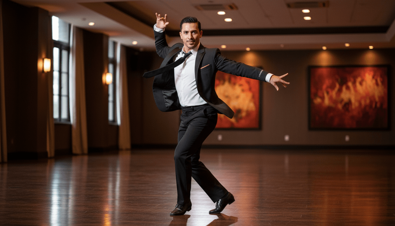 Male salsa dancer in a stylish suit jacket mid-spin in a dance studio.