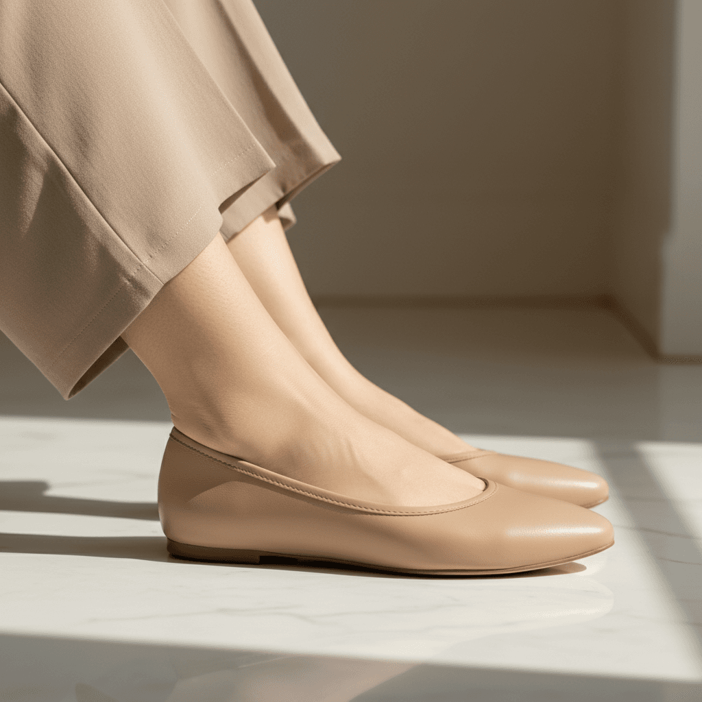 Close-up of premium ballet flat shoes in soft leather, highlighting refined stitching and elegant pointed toe design with natural lighting