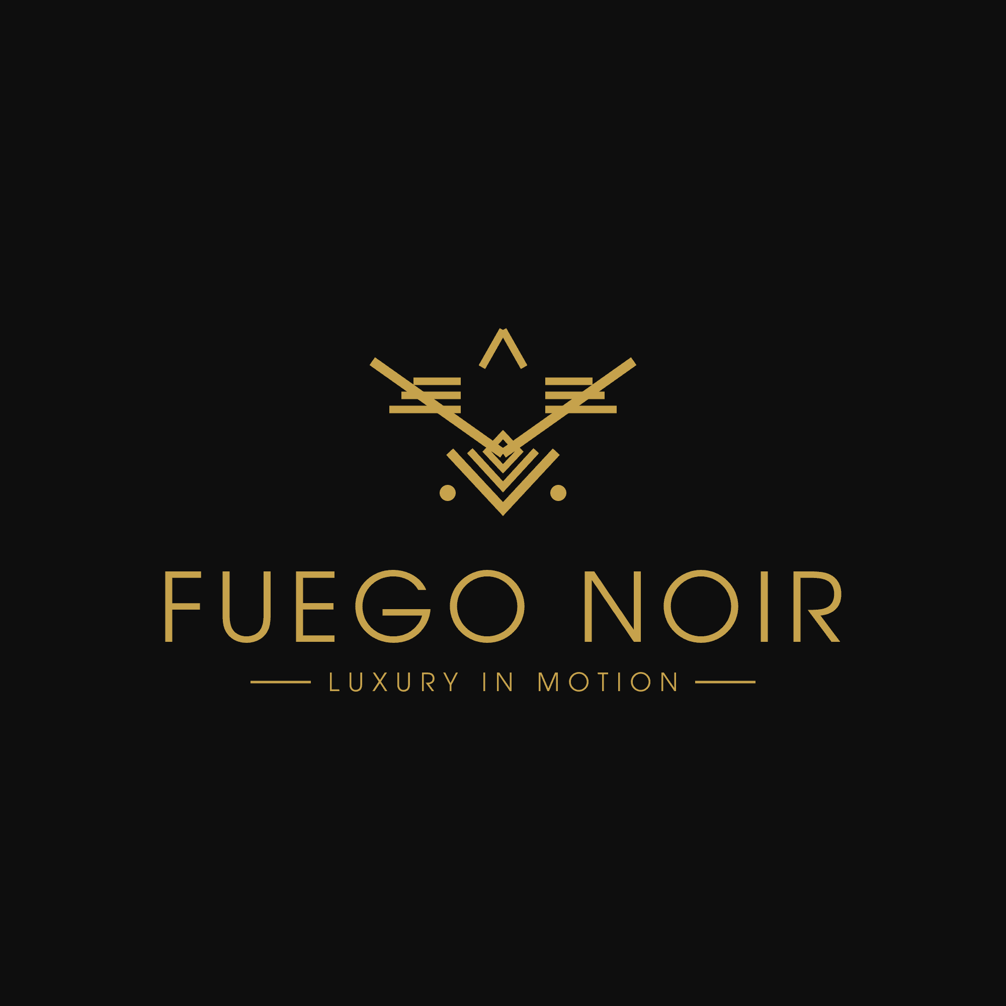 Gold geometric logo for Fuego Noir with the tagline Luxury in Motion on black background.