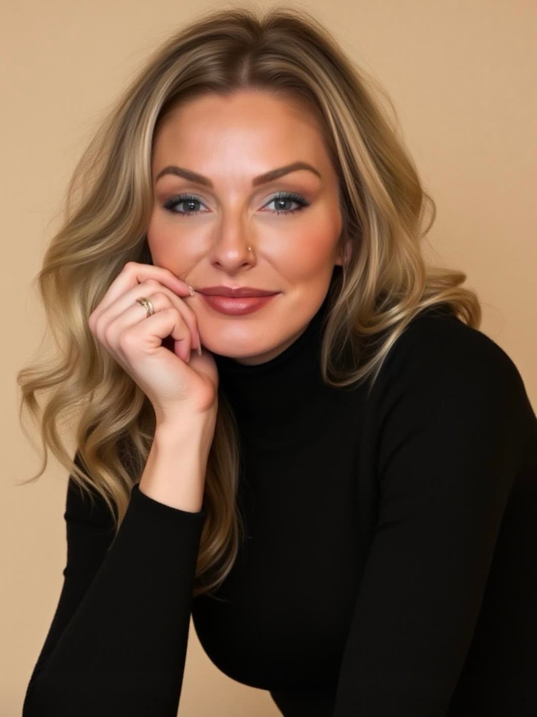 Blonde woman with wavy hair in a black turtleneck rests her chin on her hand.
