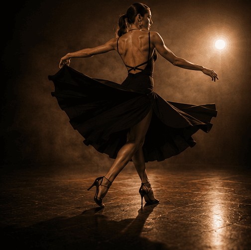 Athletic woman in a black backless dress twirls on a smoky stage under a spotlight.