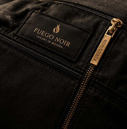 Gold Fuego Noir logo patch and engraved zipper pull on black textured luxury leather.