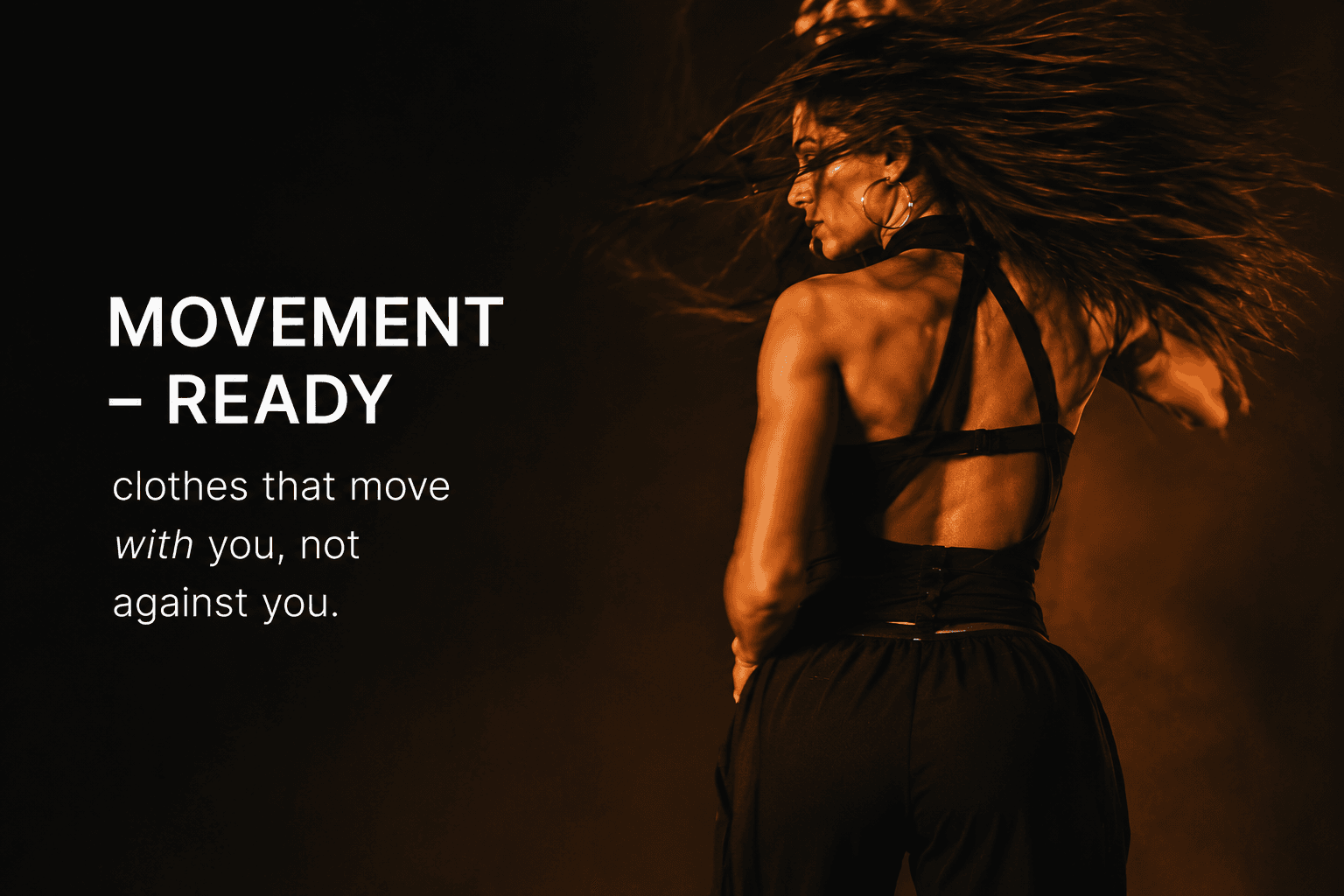 Muscular woman in black activewear with flowing hair next to text reading MOVEMENT - READY.