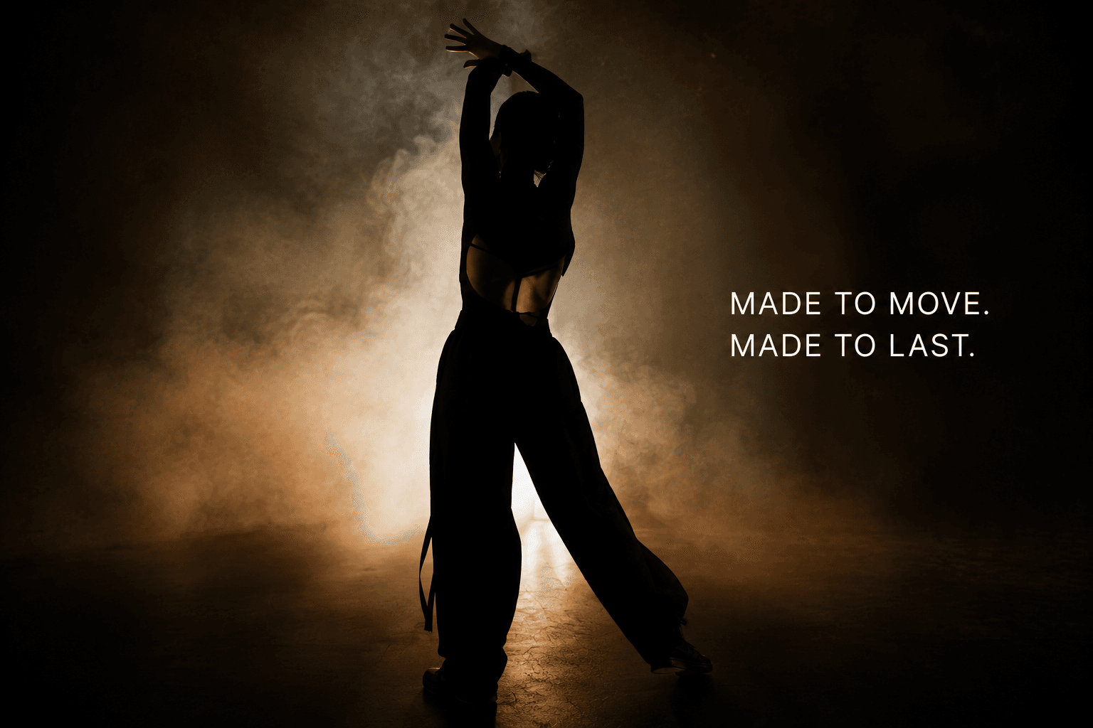 Silhouette of a dancer in golden smoke with text "MADE TO MOVE. MADE TO LAST."