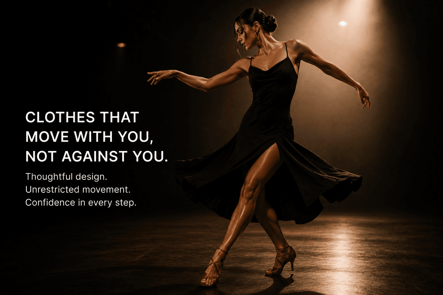 Elegant woman in a black dress dancing on a stage under a dramatic spotlight.