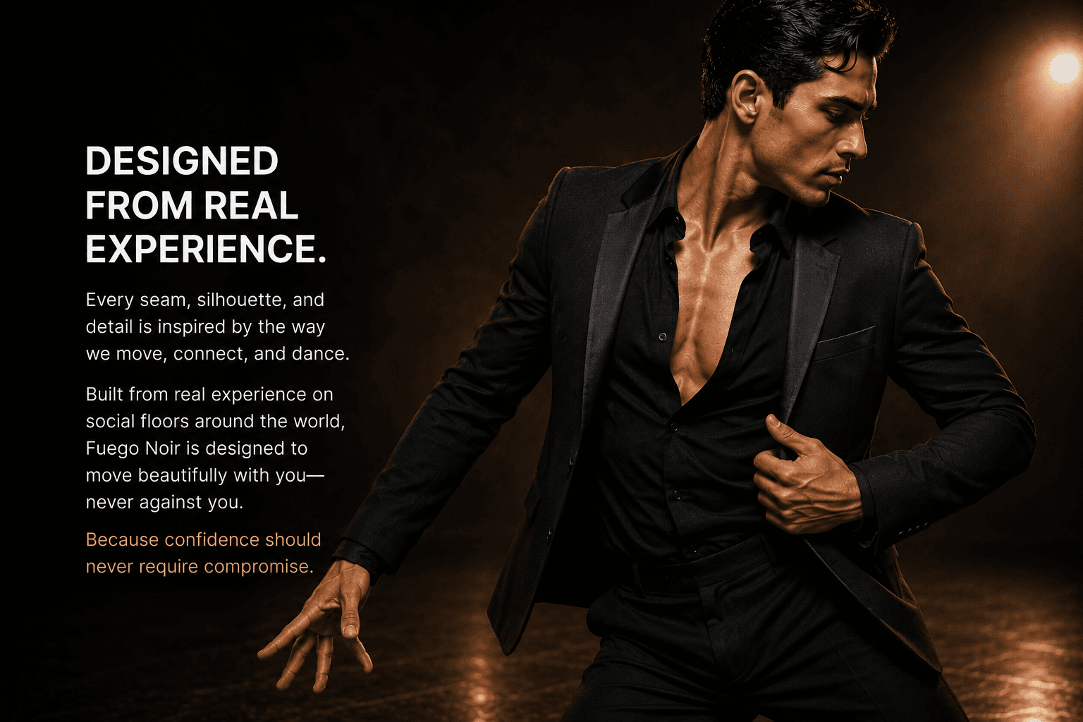 Man in a black suit strikes a dynamic dance pose with text about Fuego Noir.